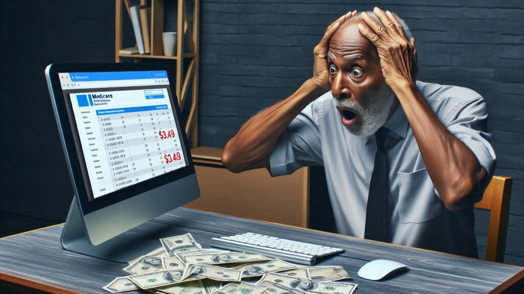 A 65-year-old African-American man sits with his hands to his head and a surprised look on his face as he reads about the true costs of Medicare on his computer. A stack of bills lies on the desk beside him, emphasizing financial stress.