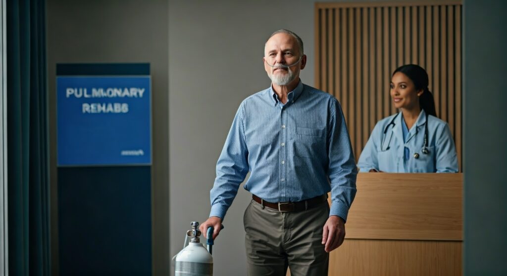 A 58-year-old man with a portable oxygen tank doctor's office, greeted by a friendly nurse. A sign in the background reads 'Pulmonary Rehab,' symbolizing specialized healthcare needs of someone with COPD.