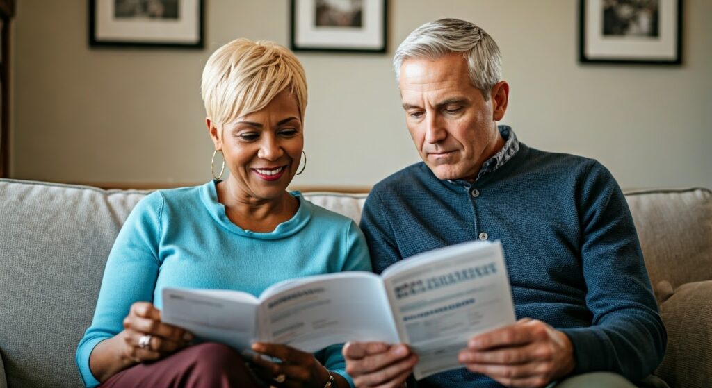 A couple in their 60s sits together, each looking at separate Medicare plan brochures. The woman smiles confidently, while the man appears deep in thought, representing the individual nature of Medicare decisions.