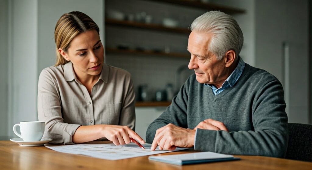 A 68-year-old man and his adult daughter review Medigap plan options at a kitchen table. The daughter points to a chart with different plan options, symbolizing the importance of making informed decisions.