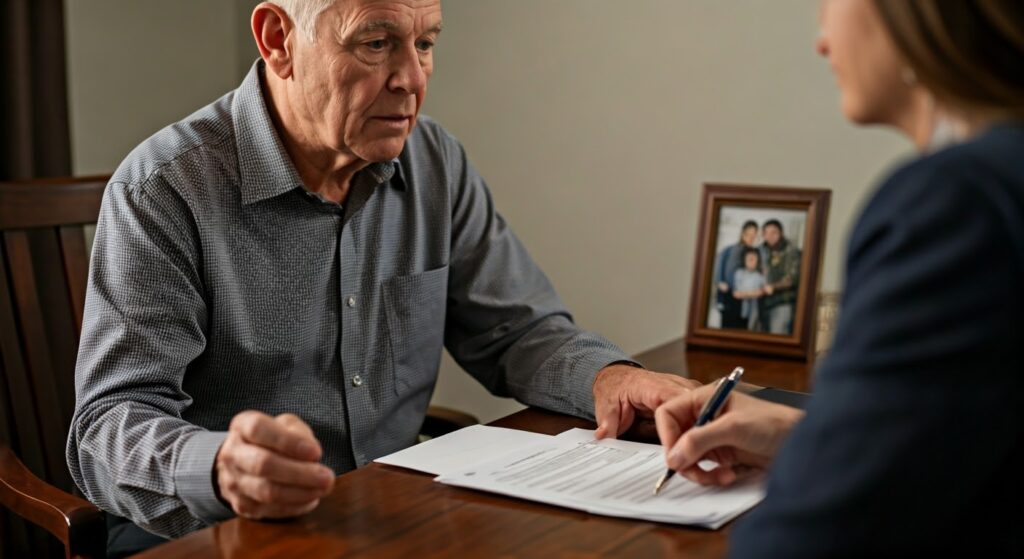 A concerned man in his 70s sits with a legal advisor, discussing paperwork labeled 'Medicaid Estate Recovery.' In the background, a framed family photo emphasizes the importance of protecting family assets.