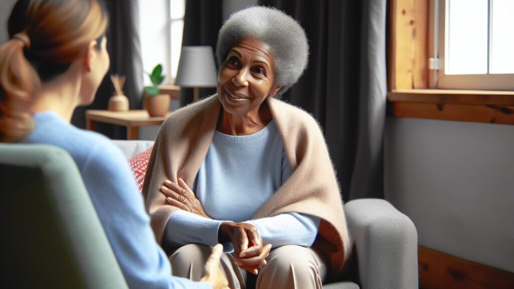 A 69-year-old woman speaks with a mental health therapist in a warm, inviting office. The woman looks relieved as she receives support, symbolizing the importance of mental health care under Medicare.