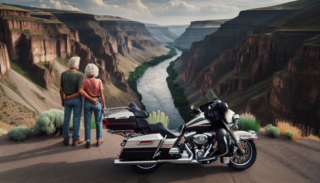 A couple is touring the Snake River region on their Harley-Davidson, secure in the knowledge that whatever life brings, they are covered by their Medicare Supplement in Idaho.